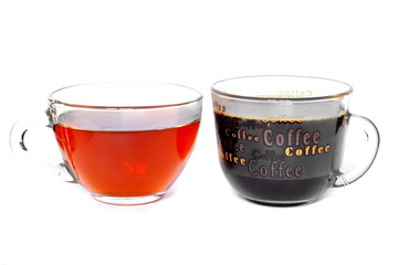 Pair of glass cup of hot golden tea and black strong coffee with handles turned in different direction on white background. Isolated