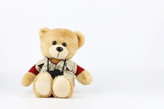 male teddy bear with camera isolated and white background