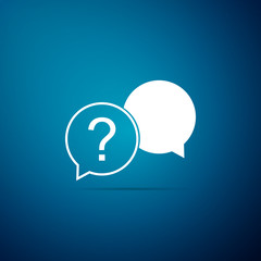 Chat question icon isolated on blue background. Help speech bubble symbol. FAQ sign. Question mark sign. Vector Illustration