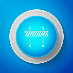 Road barrier icon on blue background. Symbol of restricted area which are in under construction processes. Fence of building or repair works. Hurdle icon. Circle blue button. Vector Illustration