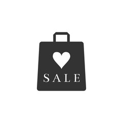 Shopping bag shop love like heart symbol with an inscription sale icon isolated. Flat design. Vector Illustration
