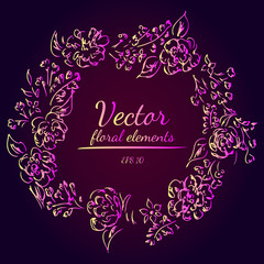 Wreath of roses or peonies flowers and branches with violet, yellow and pink colors. Floral Frame Design Elements For Invitations and Greeting Cards. Hand drawn vector illustration. Line art. Sketch.