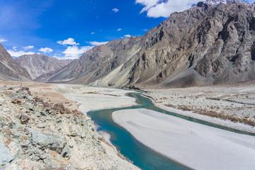 Beautiful mountain landscape of Turtuk valley and the Shyok river. Turtuk is the last village of India on the India - Pakistan Border situated in the Nubra valley region in Ladakh, India