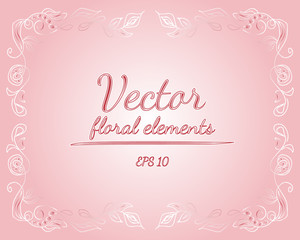 Wreath of roses or peonies flowers and branches with azalea, pale pink and white colors. Floral frame design elements for invitations and greeting cards. Hand drawn illustration. Line art. Sketch.