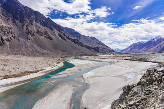 Beautiful mountain landscape of Turtuk valley and the Shyok river. Turtuk is the last village of India on the India - Pakistan Border situated in the Nubra valley region in Ladakh, India