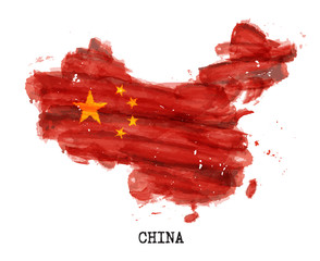 China flag watercolor painting design . Country map shape . Sports team and national day concept ( 1 October 1949 ) . Vector .