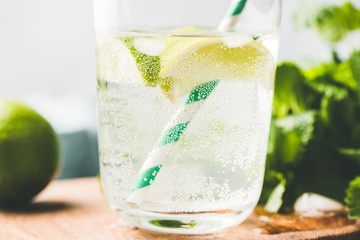 Closeup view of sparkling lemonade in glass, cold summer drink - obrazy, fototapety, plakaty