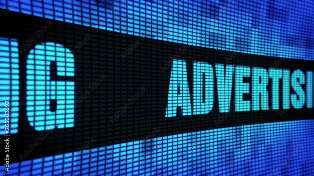 Poster advertising side text scrolling on light blue digital led display board pixel light screen looped an