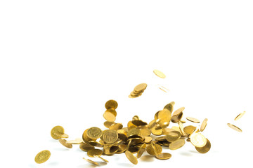 Falling gold coins money isolated on the white background, business money and finance concept.