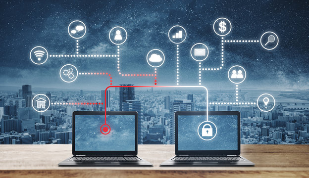 Internet and online network security system. Laptop computer hacking, and stealing data from computer laptop, and application programming interface icons