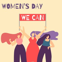 We Can Motivational Feminist Cartoon Flat Banner