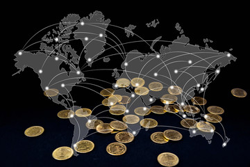 Double exposure of falling gold coins money in dark background with world map and global network business concept, element by NASA.