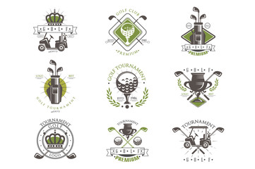 Golf tournament logo set, vintage labels for golf championship, sport club, business card vector Illustration on a white background