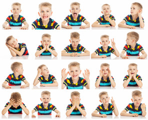 Set of emotional images of a boy with big blue eyes in a bright  T-shirt, collage, close-up, white...