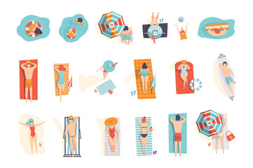 Young people sunbathing on the beach set, top view of lying men and women vector Illustrations on a white background