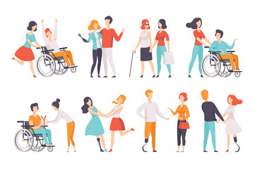 Disabled people having a good time with their friends set, handicapped person enjoying full life vector Illustrations on a white background - obrazy, fototapety, plakaty
