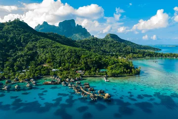 Acrylic prints Bora Bora, French Polynesia Bora Bora aerial drone video of travel vacation paradise with overwater bungalows luxury resort, coral reef lagoon ocean beach. Mount Otemanu, Bora Bora, French Polynesia, Tahiti, South Pacific Ocean
