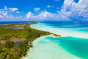 Drone aerial video of Fakarava atoll island motu Blue Lagoon, Teahatea and UNESCO Biosphere Reserve...