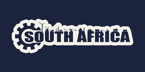 Energy and Power icons. Sustainable energy generation and heavy industry. South Africa word decorated by gear