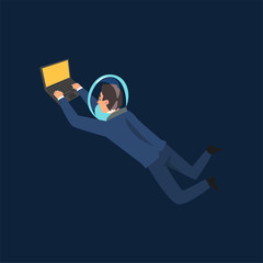 Successful Businessman in Suit and Astronaut Helmet Flying in Outer Space or Internet Space with Laptop Computer, Business Development Strategy, Leadership Vector Illustration