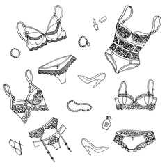 Sets lace underwear black body suit with bra and panties.