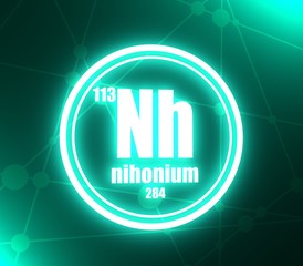 Nihonium chemical element. Sign with atomic number and atomic weight. Chemical element of periodic table. Molecule and communication background. Connected lines with dots. 3D rendering