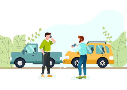 Two men had a road accident. Motor Insurance. Guy calling by cell phone. Another guy taking picture on his mobile phone. Flat vector illustration. Car accident in suburb.