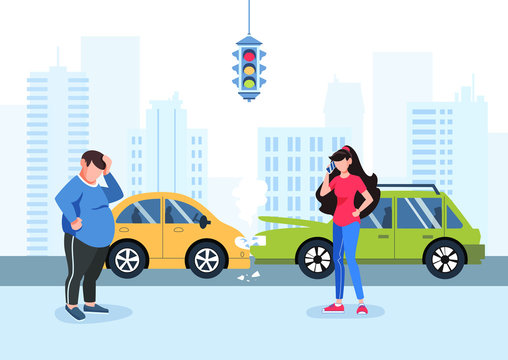Man and girl had a traffic accident. Motor Insurance. Girl calling by cell phone. Flat vector illustration. Car accident in the city. Buildings background.