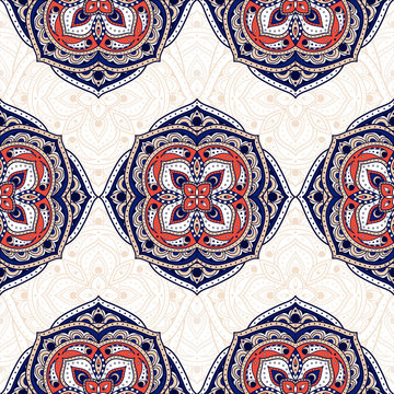 Mandala indian paisley pattern vector seamless. Flower medallion motif print. Boho ethnic ornament for batik. Antique design for wallpaper, woman scarf, curtain textile, gypsy carpet, blanket.