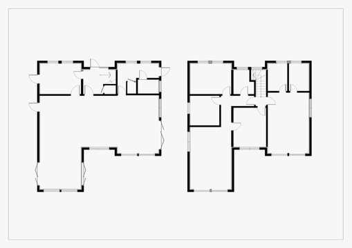 2 floor level house plan. Black and White floor plan of a house.