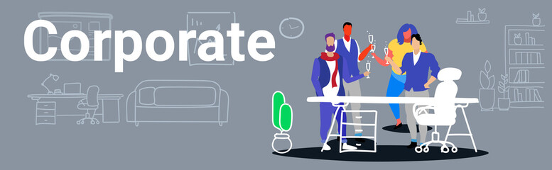 businesspeople coworkers standing together colleagues toasting drinking champagne during meeting corporate party concept modern office interior sketch doodle horizontal banner