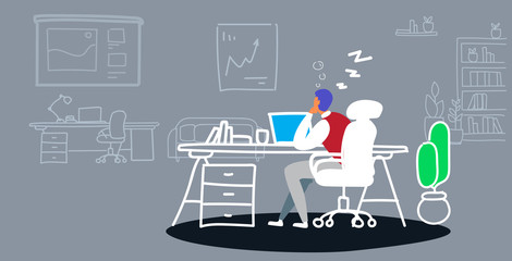 overworked businessman sleeping on workplace tired business man sitting at office and resting during work day boring job concept sketch doodle horizontal vector illustration