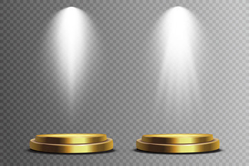 Scene illumination collection, transparent effects. Bright lighting with spotlights.  Light beam isolated on transparent background. Vector illustration.