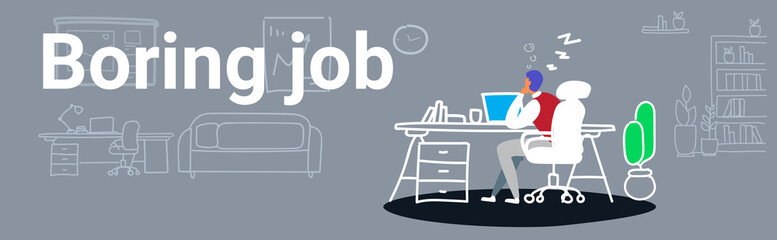 overworked businessman sleeping on workplace tired business man sitting at office and resting during work day boring job concept sketch doodle horizontal banner
