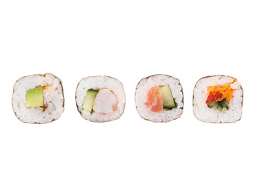 Sushi rolls isolated on white background. Collection. Close-up of delicious japanese food with sushi roll.