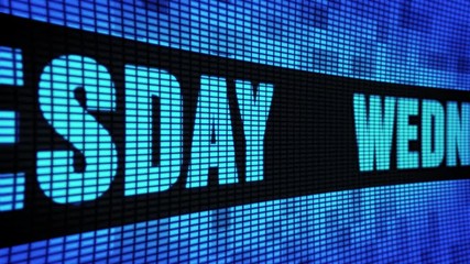 Wednesday Side Text Scrolling on Light Blue Digital LED Display Board Pixel Light Screen Looped Animation 4K Background. Sign Board , Blinking Light, Pixel Monitor, LED Wall Pannel - Powered by Adobe
