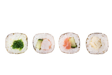 Sushi rolls isolated on white background. Collection. Close-up of delicious japanese food with sushi roll.