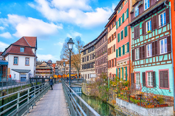 Fototapeta na wymiar Traditional half-timbered houses on the canals district La Petite France in Strasbourg, UNESCO World Heritage Site, Alsace, France