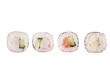 Sushi rolls isolated on white background. Collection. Close-up of delicious japanese food with sushi roll.