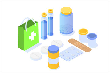 Medicine  bottle,  tablets, pills and blister package isometric icon. Vector illustration
