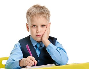 Concentrated serious schoolboy sitting at desk and writing in his exercise book