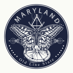 Maryland. Tattoo and t-shirt design. Welcome to Maryland (USA). Old Line State slogan. Travel concept