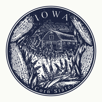 Iowa. Tattoo and t-shirt design. Welcome to Iowa (USA). Corn state slogan. Travel concept