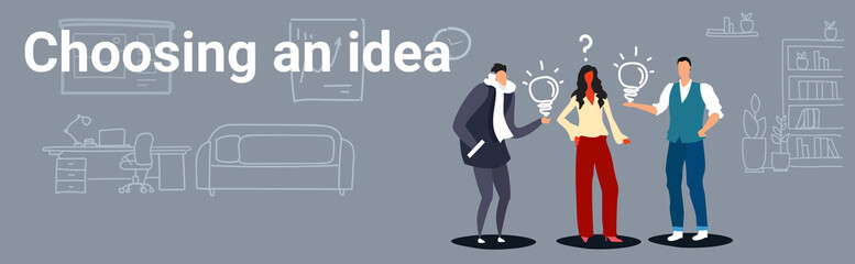 businesspeople holding light bulbs men proposing creative business plan to woman boss choosing idea concept successful teamwork office interior sketch doodle horizontal banner