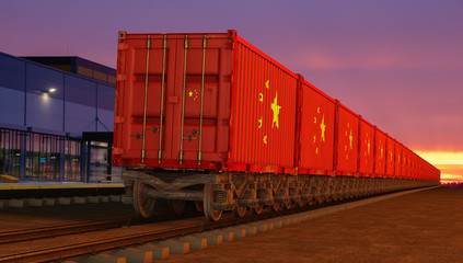 train with containers with the flag of China driving near the buildings of the logistics center