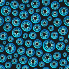Seamless background of concentric circles in neon blue colors on black