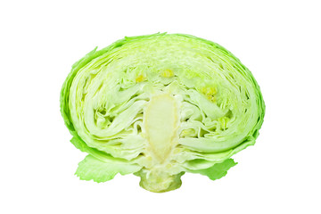 Green half head of cabbage on white background isolated close up, cutted piece of ripe white cabbage, sliced Brussels sprouts macro, design element product illustration, studio shot