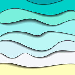 Summer paper cut banner. Blue sea waves and yellow sand. Smooth water gradient wave with shadow. Seascape copy space. Seasonal travel, vacation, weekend, holiday background. Vector marine illustration