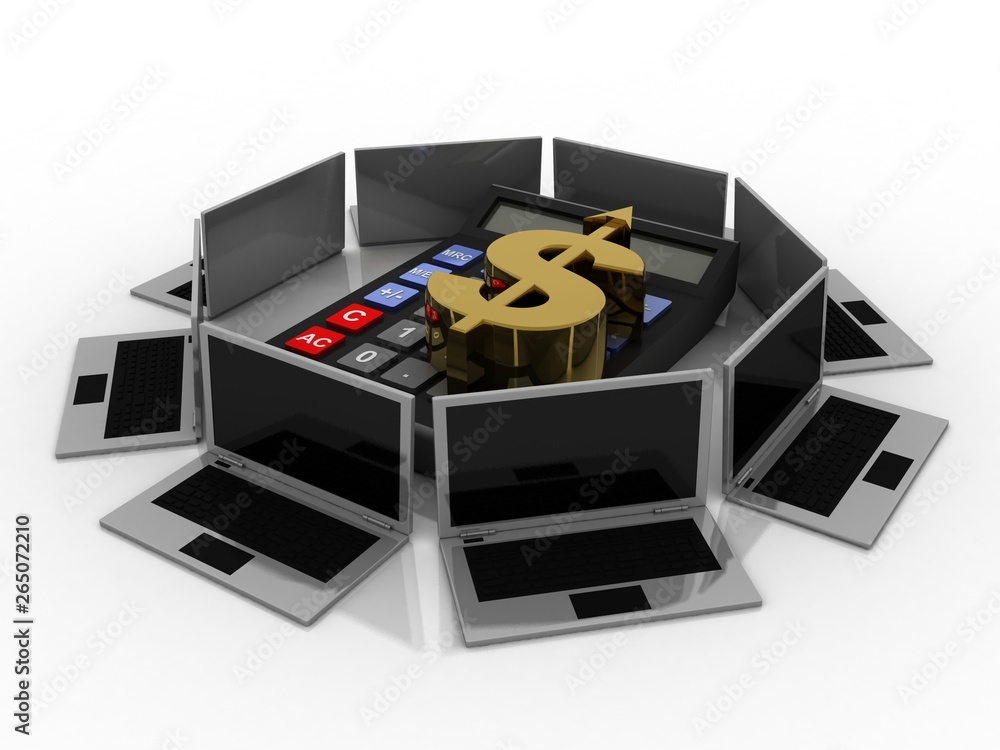 Aufkleber 3d rendering dollar symbol on calculator around computer network
