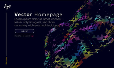 Black web homepage template with buttons and colorful abstract digital geometric pattern.